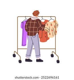 O cliente escolhe roupas no rack para comprar. Comprador faz a escolha de roupas em cabides vista traseira. Pessoa que compra, procura roupa no trem na loja. Ilustração de vetor isolado plano sobre fundo branco