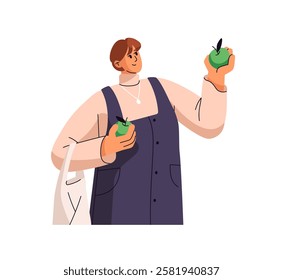 Customer chooses fresh food from local farm to buy in grocery store. Buyer with tote bag holds green apples in hand at farmer shop, supermarket. Flat isolated vector illustration on white background