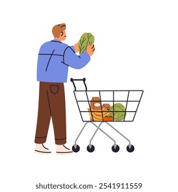 Le client choisit, met les légumes au panier à l'épicerie. Acheteur avec chariot prend des produits à acheter dans un supermarché. Personne fait ses courses bio. Illustration vectorielle à plat isolée sur fond blanc