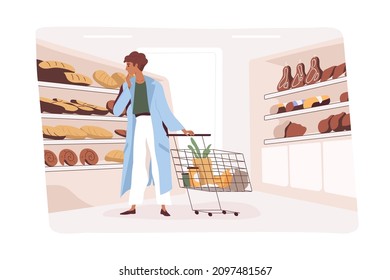 Customer choosing bakery, making purchases in grocery store. Buyer with shopping cart in aisle with shelves, buying bread in supermarket. Daily life scene in food hypermarket. Flat vector illustration