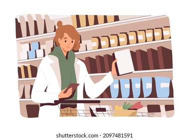 Customer choosing and buying food with smartphone in grocery store, taking product from supermarket shelf. Woman buyer making purchases according to shopping list on phone. Flat vector illustration