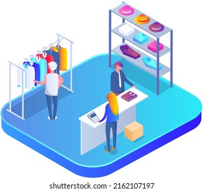 El cliente elige ropa en la tienda. El asesor de compras ayuda al comprador a elegir el producto durante la compra. Servicio de compras en centro comercial. Personas cerca de los hangings con ropa en la tienda o tienda