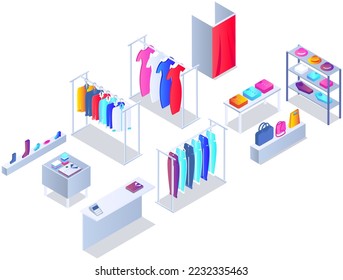 Customer choosing clothes in store. Shop assistant consultant helps buyer to choose product during shopping. Purchaser service in mall. People stand near hangers with clothes in store or boutique