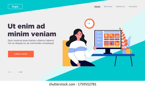 Customer choosing food in online grocery store. Woman at computer, internet shop flat vector illustration. Service, food order during lockdown concept for banner, website design or landing web page