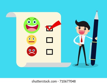 customer choosing happy face on satisfaction feedback survey.