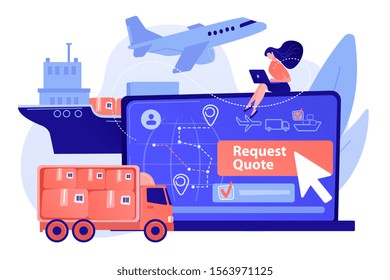 Customer choosing order delivery type, global distribution. Freight quote request, best shipping proposal, freight cost request form concept. Pinkish coral bluevector isolated illustration