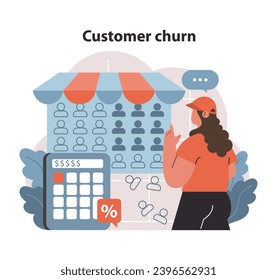 Customer churn concept. Concerned woman observing store's dwindling sales, with calculator showing losses. Evaluating business performance. Flat vector illustration.