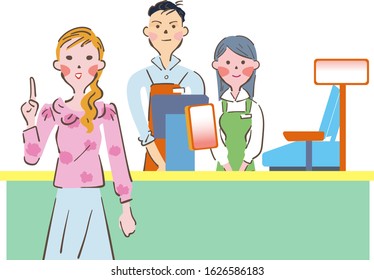 A customer and a clerk standing at the cash register illustration