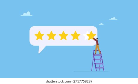 Customer or client giving five stars feedback review. 5 stars rating feedback, customer satisfaction, comment or giving product review, best reputation or ranking, assessment, excellent award.