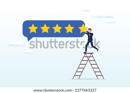Customer or client giving five stars feedback review, 5 stars rating feedback, customer satisfaction, comment or giving product review, best reputation or ranking, assessment, excellent award (Vector)