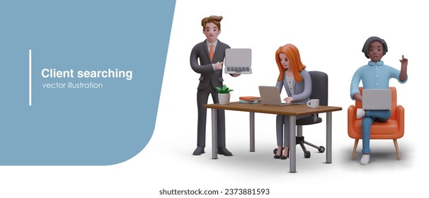 Customer, client search. Office workers surf Internet. Developing client base. Management. Man holding laptop with blank screen, place for logo. Positive vector illustration on white background
