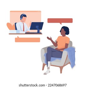 Customer comfortable talking to call center agent semi flat color vector characters. Editable figures. Full body people on white. Simple cartoon style illustration for web graphic design and animation