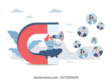 Customer communication, Important message, Business marketing materials with campaign attracting important customers, Businesswoman advertising or announcement with megaphone, sitting on big magnet.