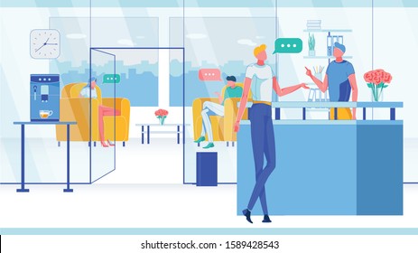 Customer in Company or Corporation Reception Lobby with People, Employee and Visitor Characters. Man Receptionist Meeting and Welcoming Client in Interior with Furniture. Flat Vector Illustration.