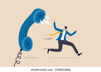 Customer complaint, dissatisfaction from product or service problem, angry feedback from client concept, businessman product owner running away from furious complain telephone from customer or client.