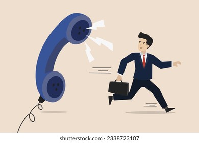 Customer complaint, dissatisfaction from product or service, angry response from client, businessman product owner running away from phone angry complaint from customer or client.