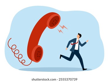 Customer complaint, dissatisfaction from service problem, angry feedback from client concept, customer service staff running away from furious complain telephone from customer or client.