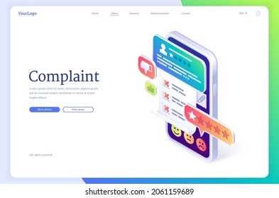 Customer complaint isometric landing page. Smartphone with application for clients feedback and review rate, support call service operators chatting, mobile phone app with chatbot 3d vector web banner