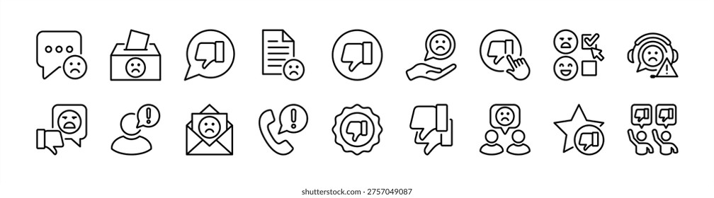 Customer complaint thin line icon set. Contains thumbs down, bad feedback, sad face, negative review, dislike, unhappy service, disappointment report, unsatisfied, ballot box  - vector illustration