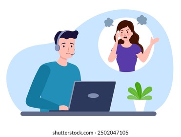 Customer complaint via call center service in flat design. Angry customer on phone.