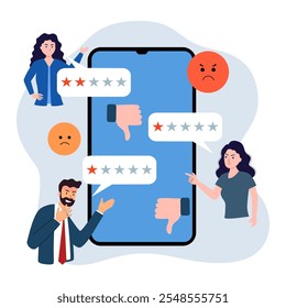 Customer complaints with dissatisfaction feedback on mobile screen in flat design.