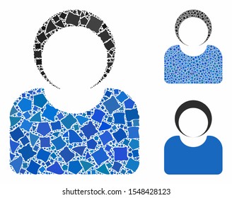 Customer composition of inequal parts in different sizes and color hues, based on customer icon. Vector tuberous dots are united into collage. Customer icons collage with dotted pattern.