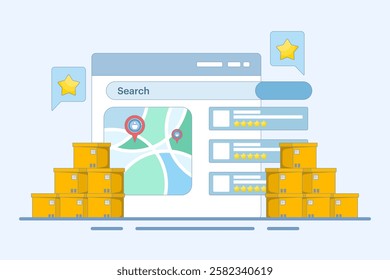 Customer Concept sharing feedback and reviews for search engine business listing, SEO business listing, SEO reviews. Vector illustration on background with icons.
