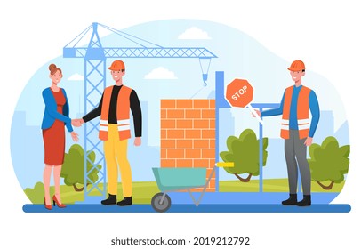 Customer concludes contract for construction work. Shaking hands as symbol of sign and closed deal. Flat abstract metaphor cartoon vector concept design isolated on white background