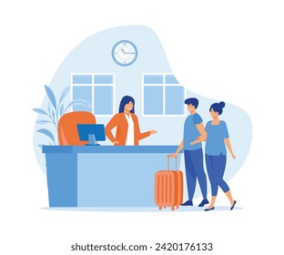 Customer consultation manager at reception. Tourists checking into the hotel, standing at the table in the lobby. flat vector modern illustration 