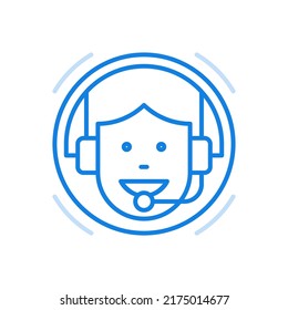 Customer consultation service vector line icon. Online support and assistance subscribers. Head of character in headphones with microphone in circle. Professional telemarketing and trust center.