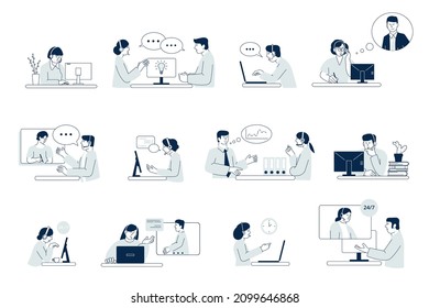 Customer consultation. Staff advice service, solutions professional center and online consulting clients. Call support on phone, chat with assist recent vector set