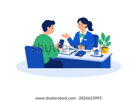 Customer consulting with a financial advisor about banking services using documents calculator laptop and account information for personalized financial planning