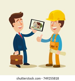 Customer and contractor are discussing the project. Customer show the house project. Business vector illustration, concept, cartoon, flat.