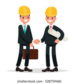 The customer and the contractor. Handshake men dressed in business suits and helmets. Vector illustration in  flat style