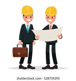 The customer and the contractor. Men dressed in business suits and helmets discussing the project. Vector illustration in  flat style