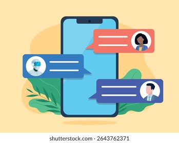 Conversa de cliente com bate-papo de IA. Intercâmbio de mensagens com inteligência artificial utilizada no trabalho e estudo. Gráficos vetoriais em estilo de design plano. A conversa acontece na tela.