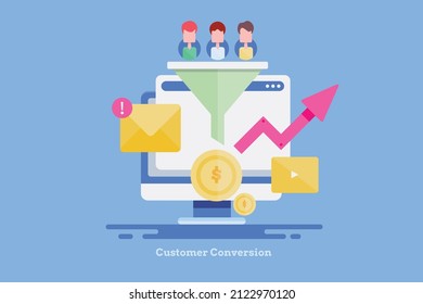 Customer Conversion Funnel, Website Sales Lead Generation, Qualified Leads - Vector Illustration With Icons