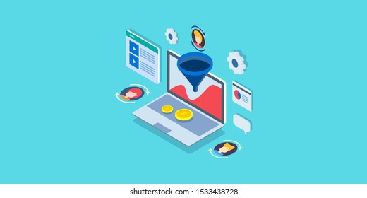 Customer conversion, Conversion rate optimization, Sales funnel, CRO - 3D, isometric vector illustration with icons, isolated background