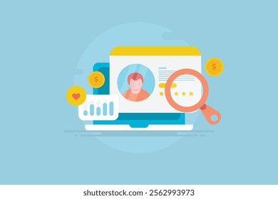 Customer data analysis, Customer database, Profile analysis - vector illustration background with icons