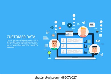 Customer Data, Customer Base, Client Profile, Portfolio, Marketing Data Flat Vector Illustration With Icons