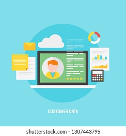 Customer Data, Business Profile, Flat Design Vector Concept With Icons