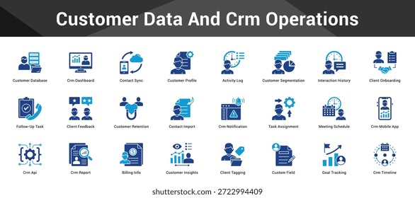 Datos Clientes y operaciones de CRM Conjunto cohesivo de iconos vectoriales minimalistas que representan ideas clave con claridad visual