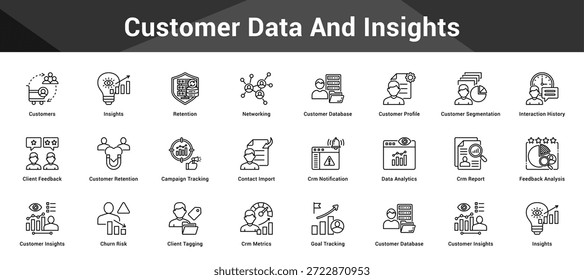 Customer Data And Insights Cohesive set of minimalist vector icons representing key ideas with visual clarity