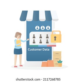 Customer data management (CDM) and customer security privacy on platform shop online,permission access digital file as confidential personal,website and internet safety technology,vector illustration.