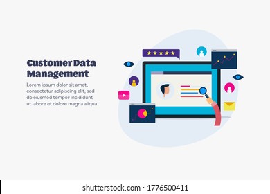 Customer data management, CRM, Customer data analysis - conceptual vector illustration with icons on isolated background