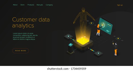 Customer Data Monitoring Concept In Isometric Vector Design. Online Internet Marketing Or Business Analysis Tools. User Engagement Metrics Or Measure Technology. Web Banner Layout Template.