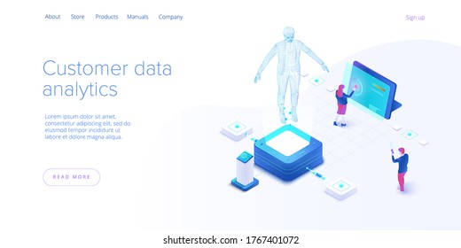 Kundendaten-Monitoring-Konzept in isometrischem Vektordesign. Online-Internet-Marketing- oder Business-Analyse-Tools. Kennzahlen für die Benutzerbindung oder Messtechnologie. Webbanner-Layoutvorlage.