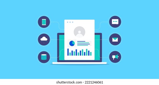 Customer data platform, CDP - Centralized customer data, real time marketing insights - flat design vector illustration with icons