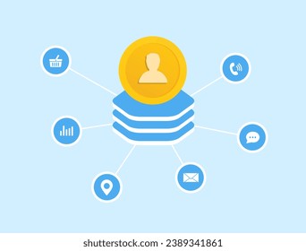 Customer Data Platform - CDP Marketing Management Concept. Client database for enhanced digital marketing and advertising. Customer data vector illustration isolated on blue background with icons