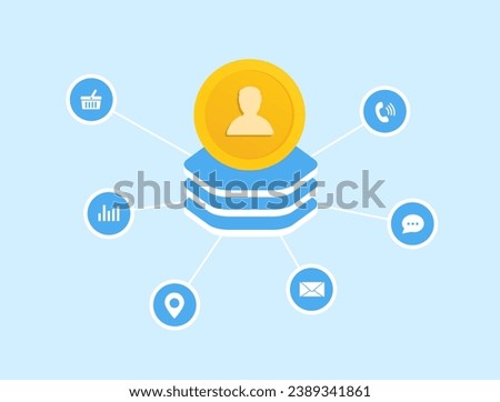 Customer Data Platform - CDP Marketing Management Concept. Client database for enhanced digital marketing and advertising. Customer data vector illustration isolated on blue background with icons